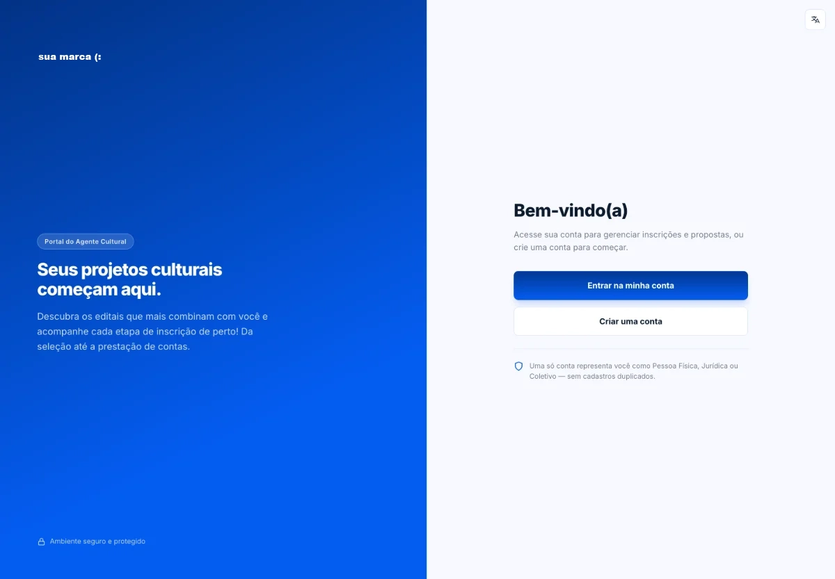 Portal do agente cultural com a marca e as cores da gestão aplicadas.