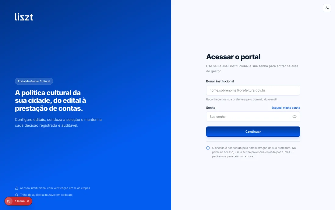 Tela de acesso do portal do gestor, com campos de e-mail institucional e senha.