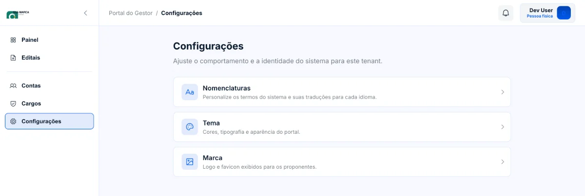 Tela de Configurações com três cartões: Nomenclaturas, Tema e Marca.