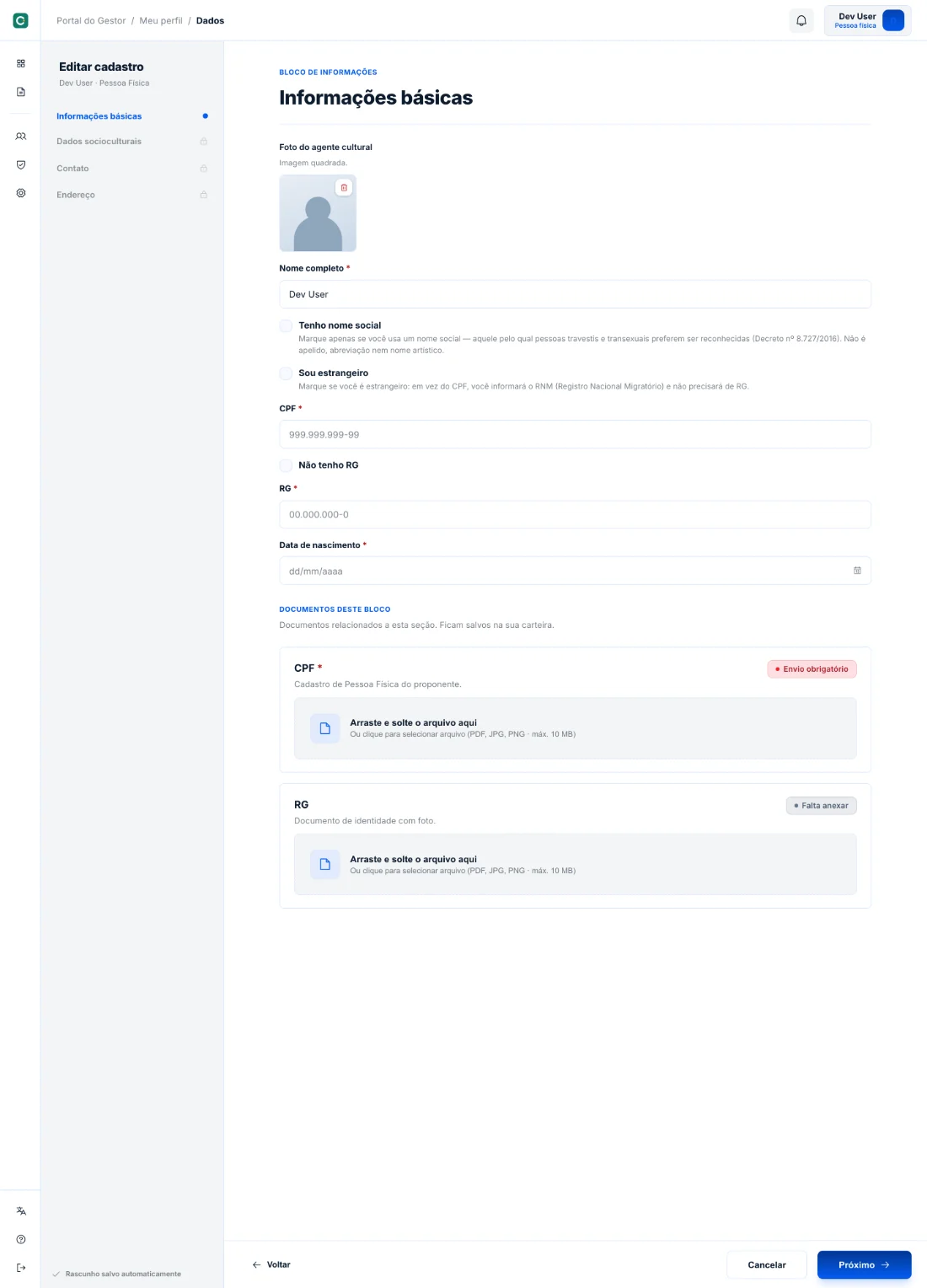 Formulário de informações básicas do agente cultural, com a foto de perfil aplicada no topo.