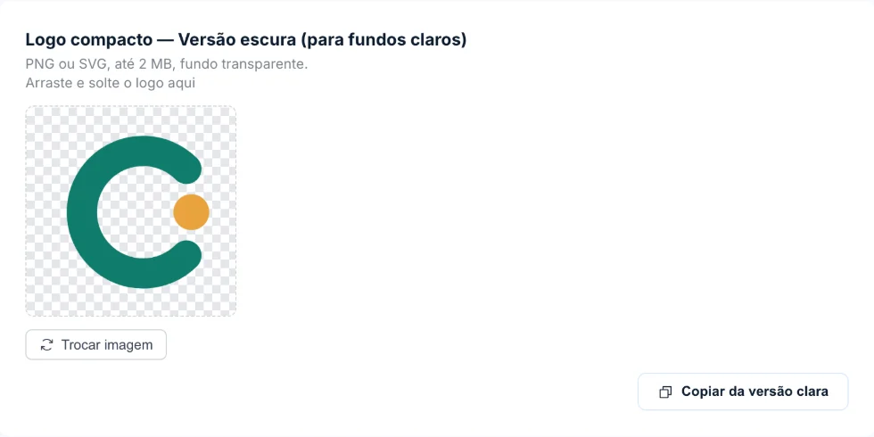 Cartão do logo compacto na versão escura, com o logo de exemplo na moldura de pré-visualização.