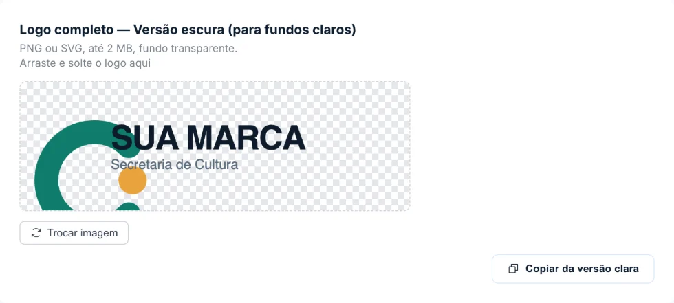 Cartão do logo completo na versão escura, com o logo horizontal de exemplo.