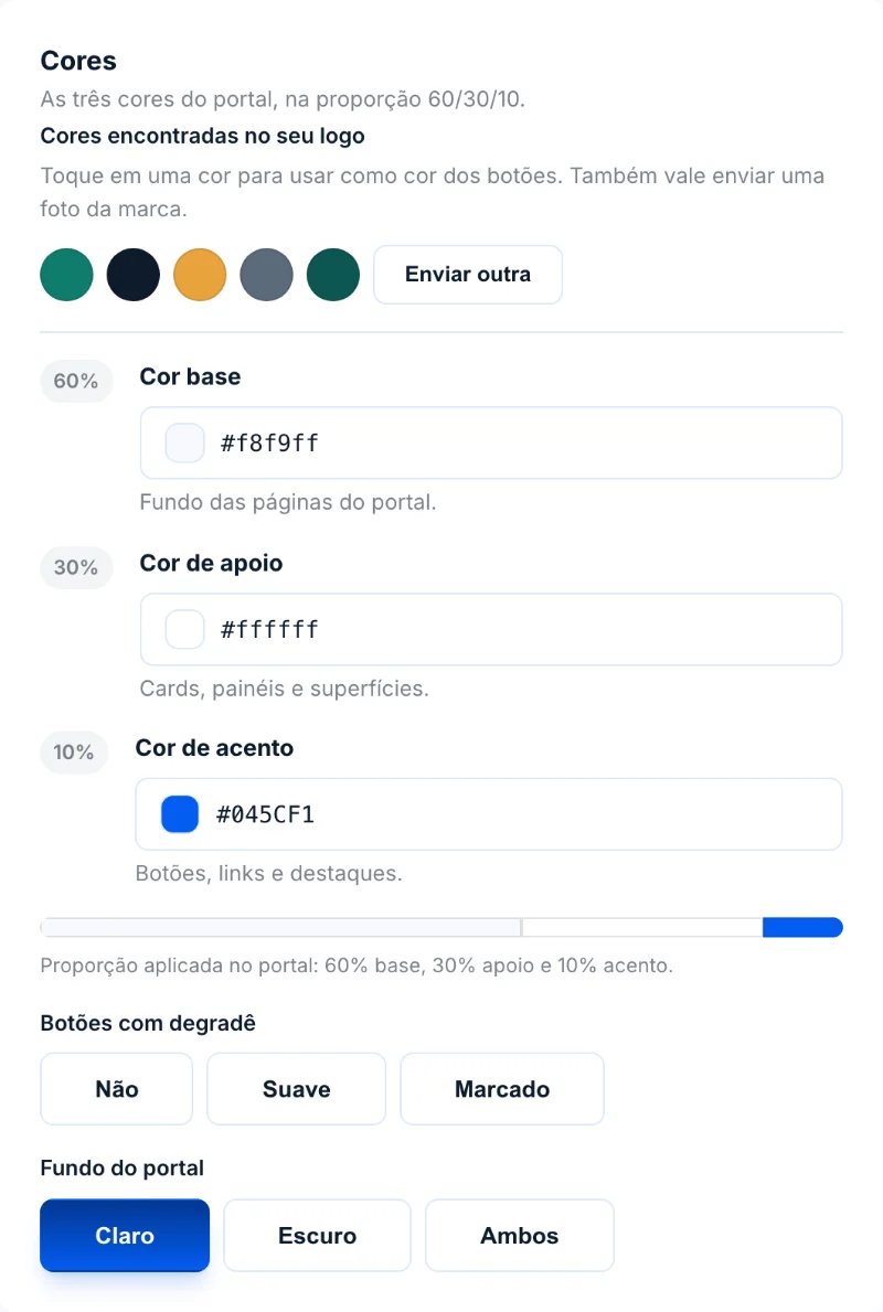 Cartão Cores, com as cores extraídas do logo, os três campos de cor e as opções de degradê e fundo do portal.