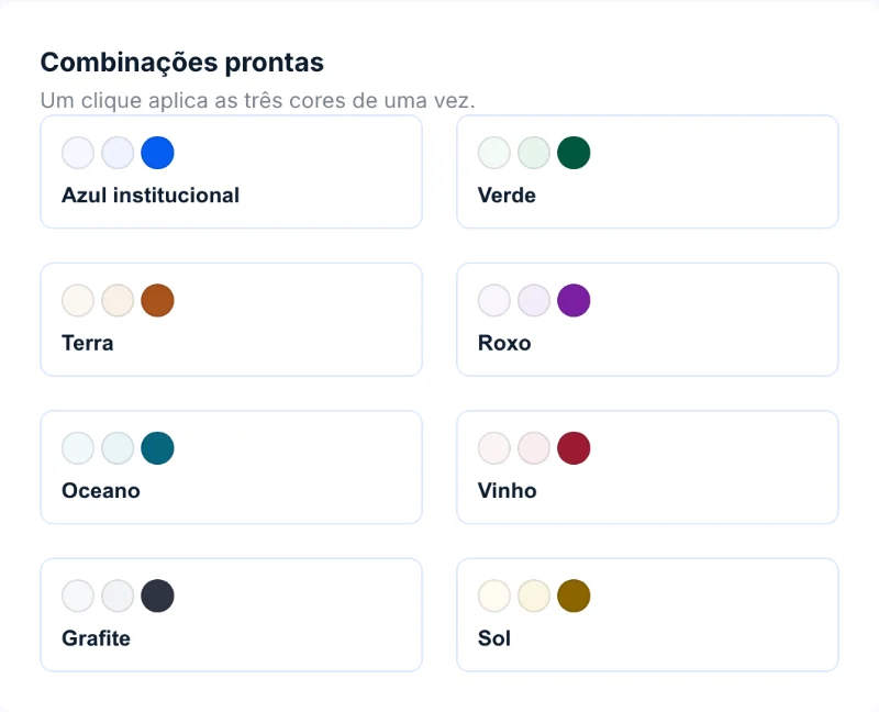 Cartão Combinações prontas com oito opções: Azul institucional, Verde, Terra, Roxo, Oceano, Vinho, Grafite e Sol.