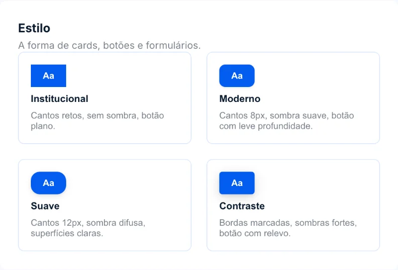 Cartão Estilo com quatro opções: Institucional, Moderno, Suave e Contraste.
