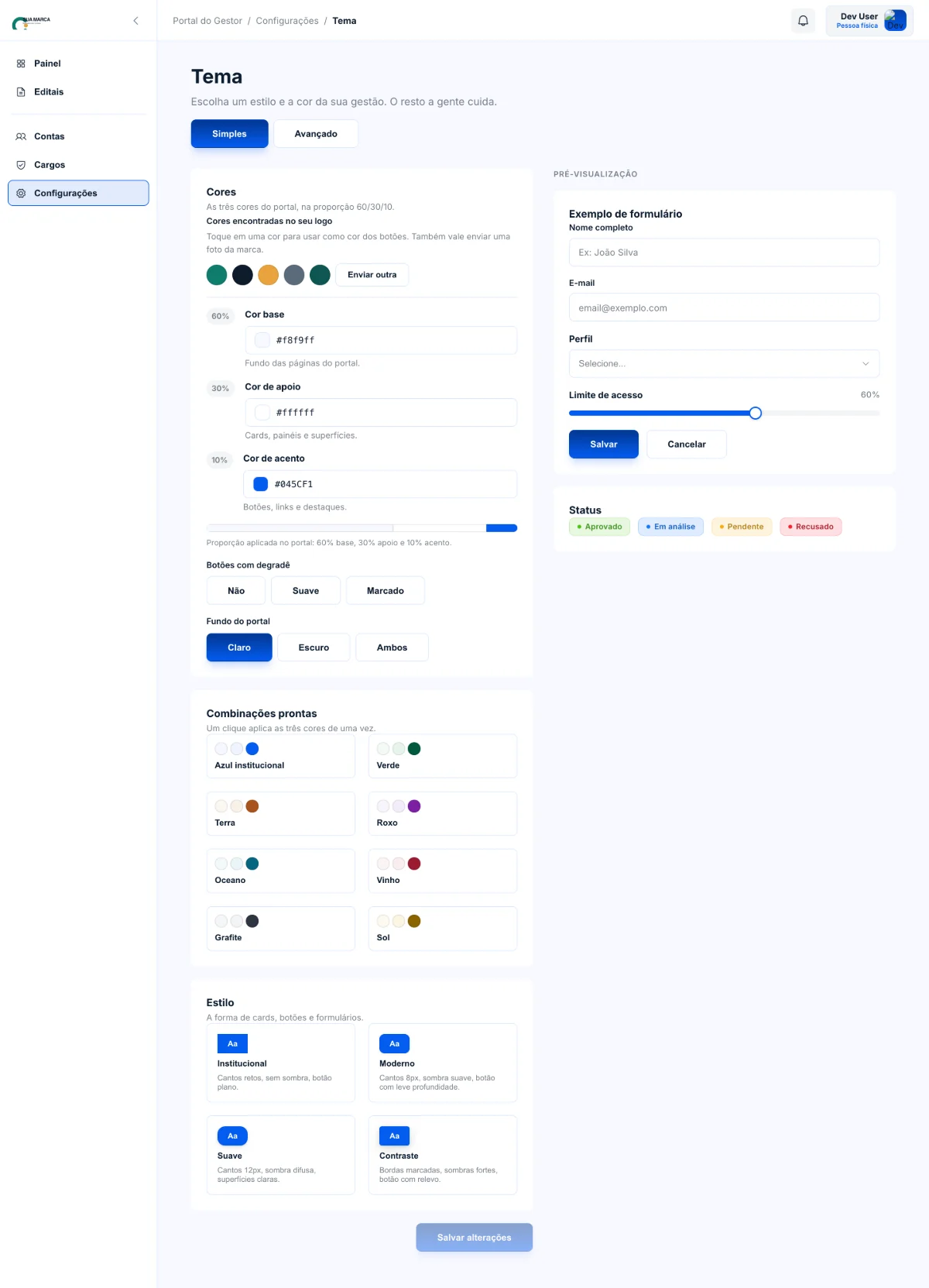 Tela Tema no modo Simples, com os cartões Cores, Combinações prontas e Estilo à esquerda e a pré-visualização à direita.