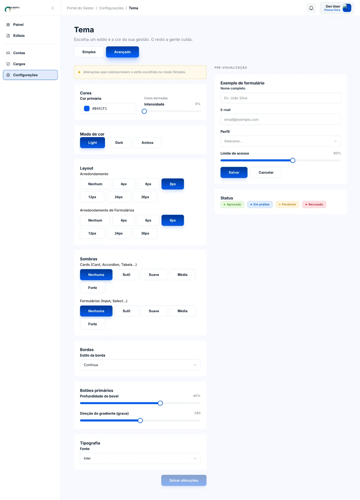 Tela Tema no modo Avançado, com os controles detalhados de cada propriedade do tema.